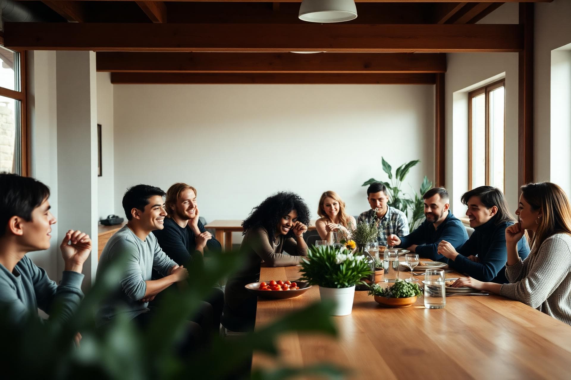 Diverse group sharing a meal in a bright co-living community