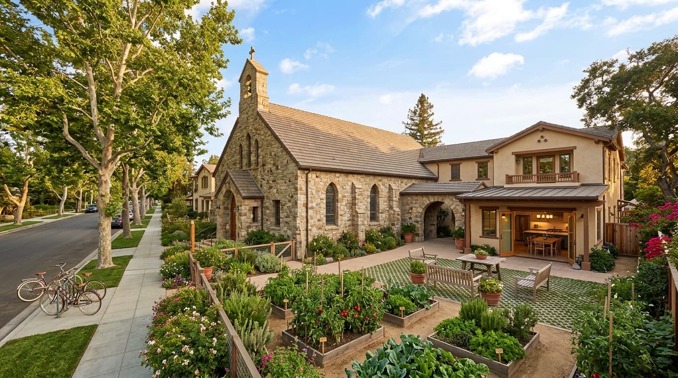 Cover image: a stone church-style building beside a quiet tree-lined street and a small community garden, no people.