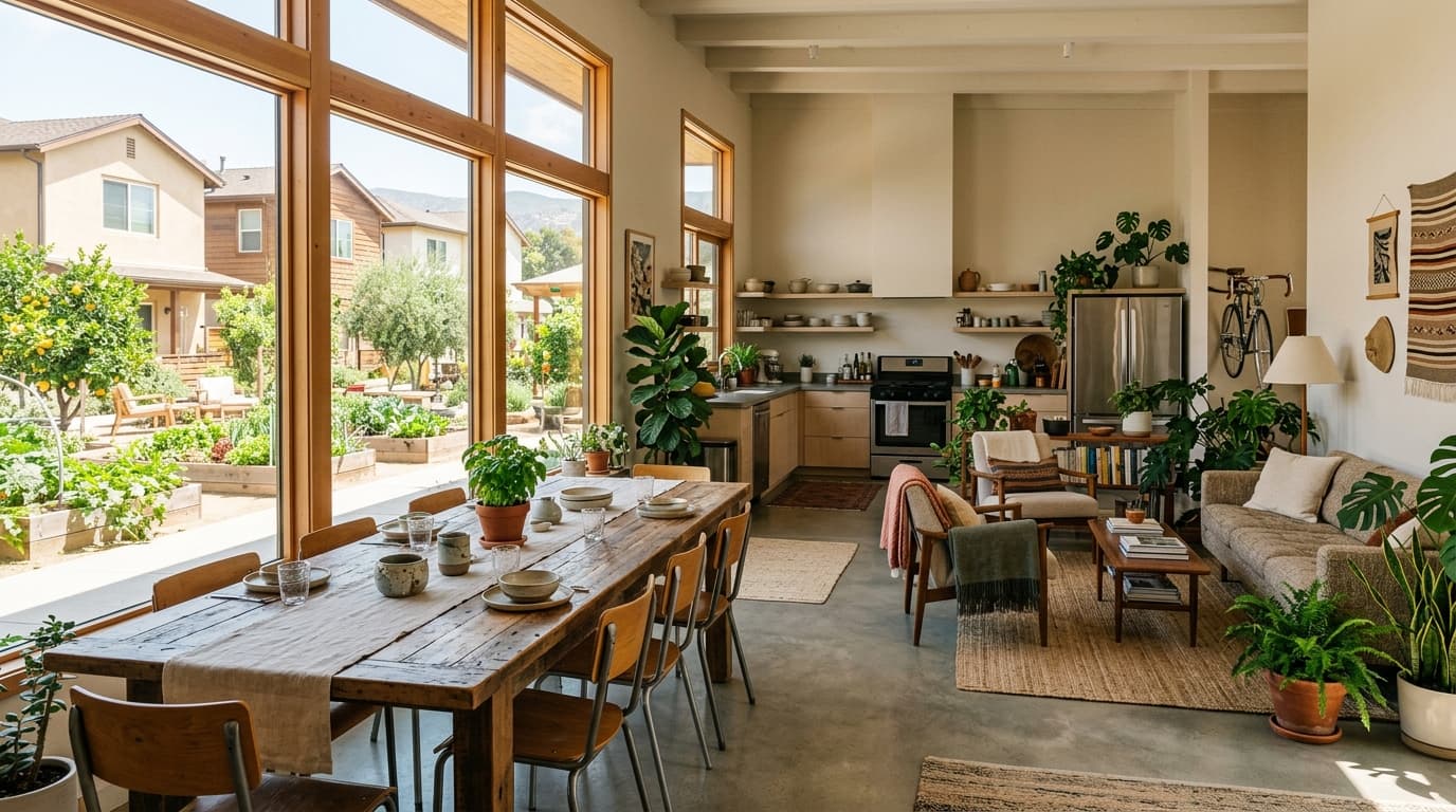 Co-living cover: sunlit shared kitchen and lounge with a long wooden table, plants and large windows, no people.